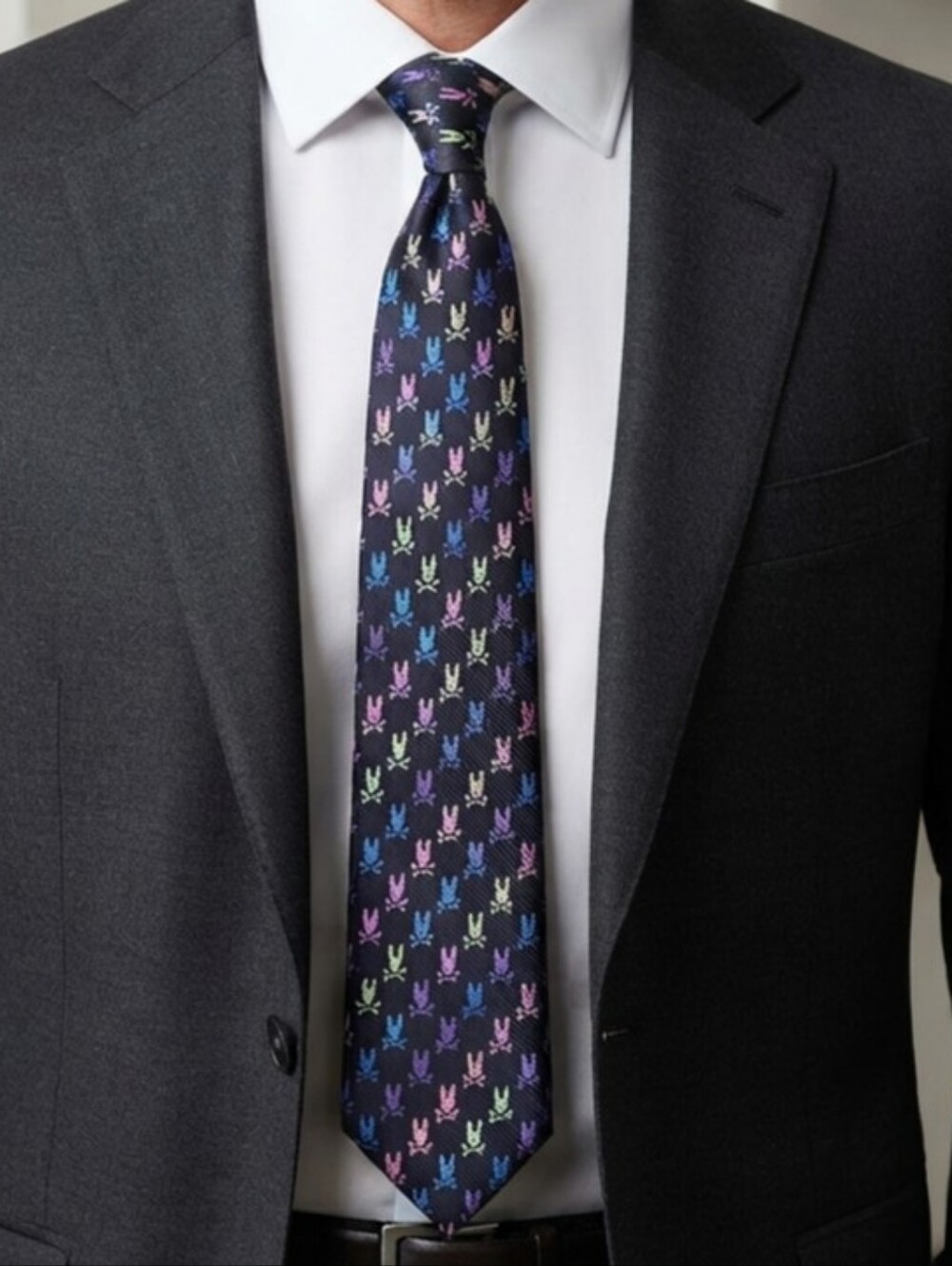 Psycho Bunny Black Tie with Multicolor Bunny Motif